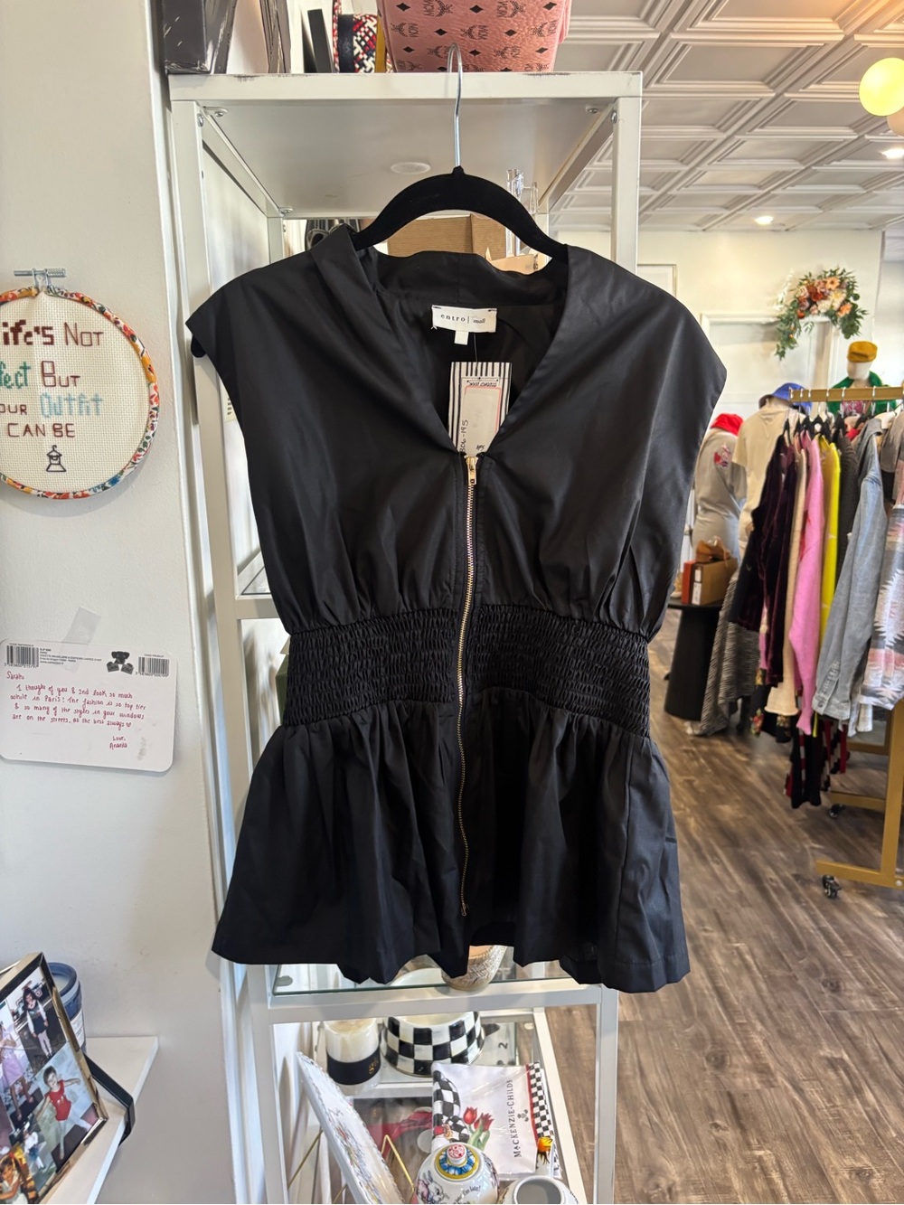 entro Black Zip-Peplum Smocked-Waist Top